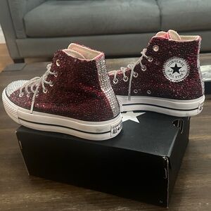 Custom Converse Red and Silver High-Tops with rhinestones